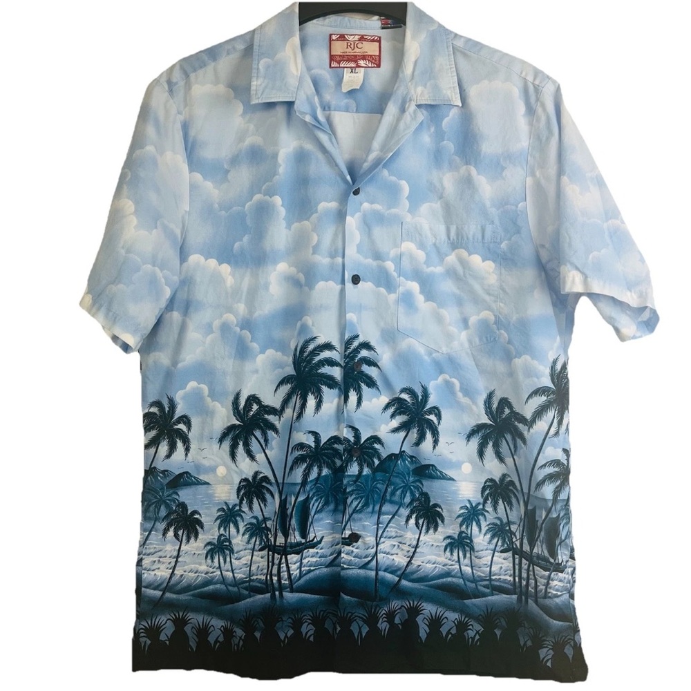 RJC Men's Hawaiian Button Up Short Sleeve Shirt Clouds/Ocean Scene Size XL